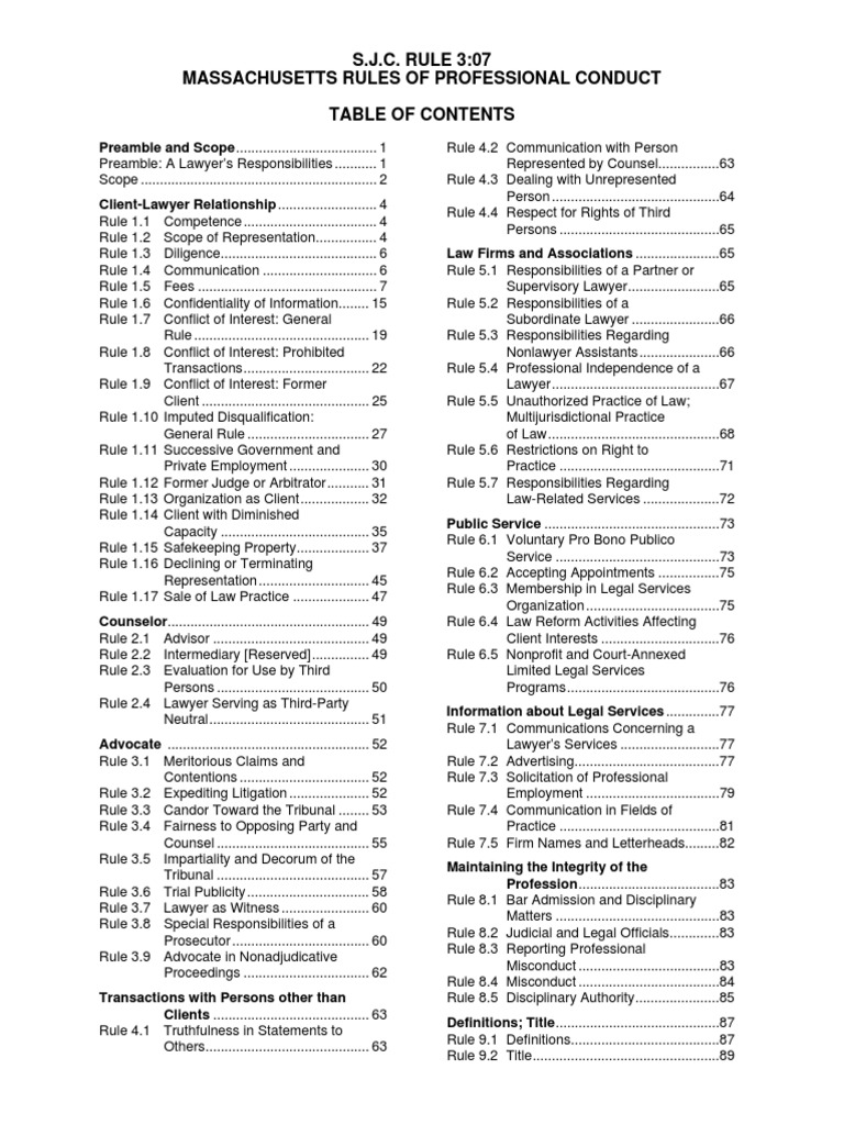Mass. Rules of Professional Conduct PDF AttorneyClient Privilege Lawyer