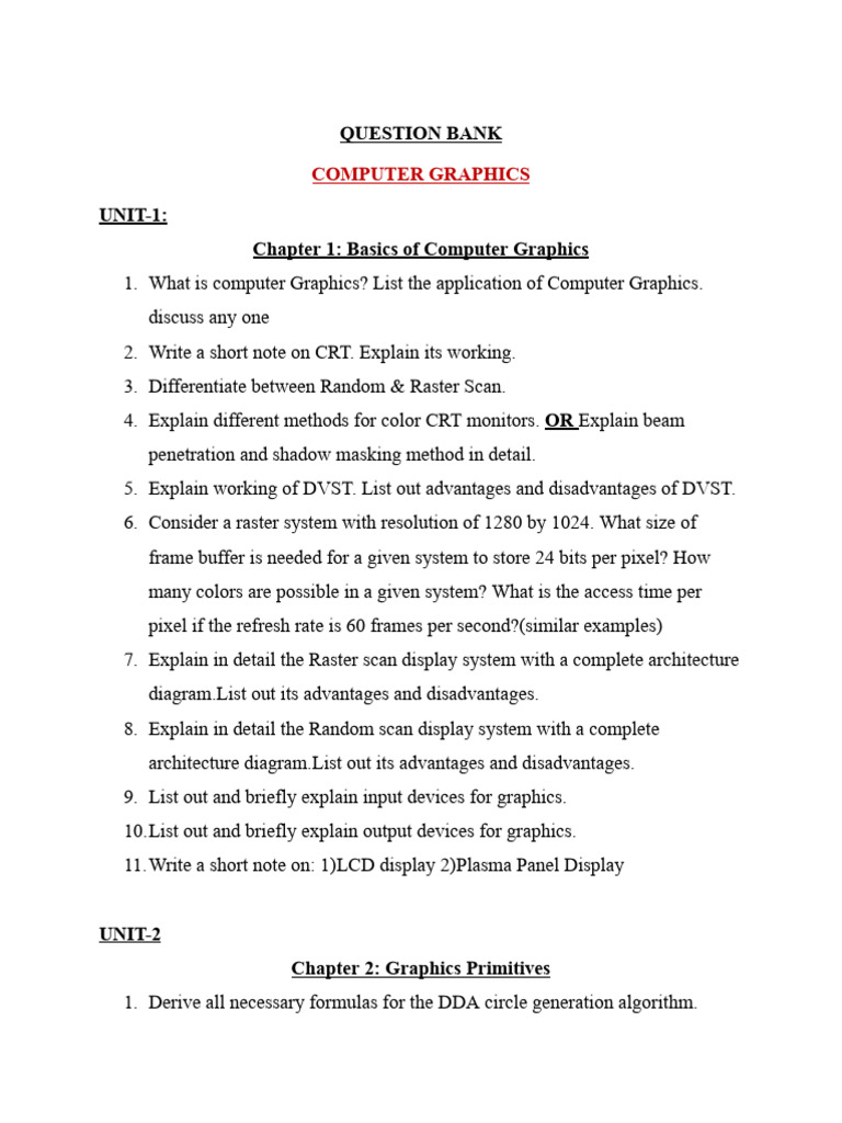 CG QBANK Unit 1 2 Updated - Docx 1 | PDF | 2 D Computer Graphics ...