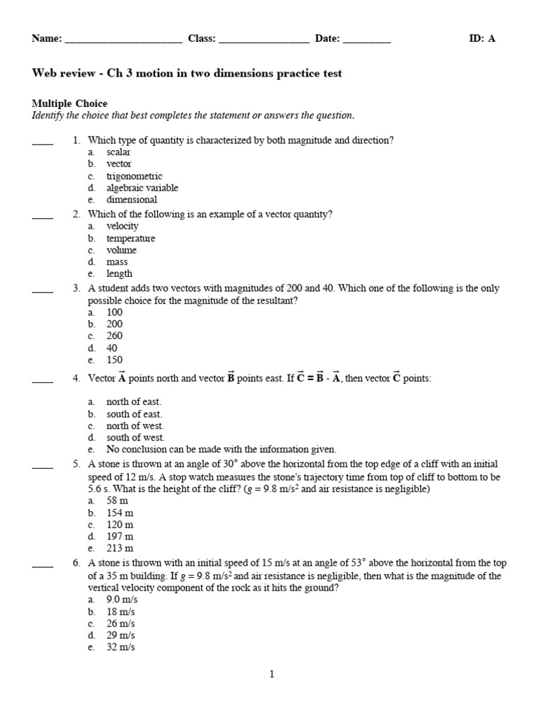 Web Review CH 3 Motion In Two Dimensions Practice Test PDF 