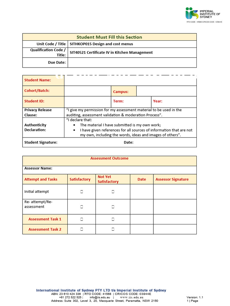SITHKOP015 Student Assessment Tasks | PDF | Menu | Marketing Research