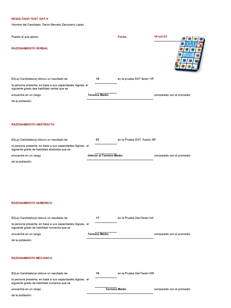 RESULTADO TEST DAT 5 Denis | PDF | Ciencia cognitiva | Cognición