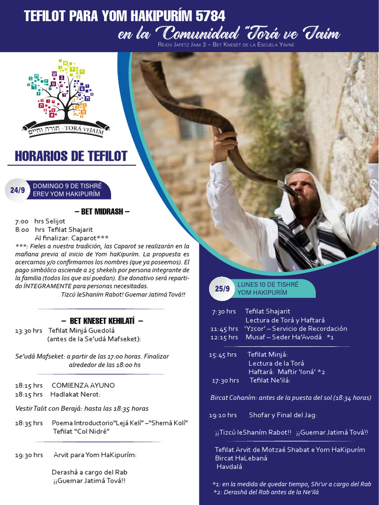 Kipur Horarios PDF Ley judía y rituales Palabras y frases hebreas