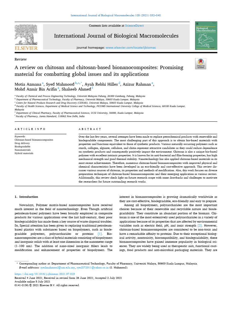 Chitosan Bionanocomposites Review | PDF | Biopolymer | Chemistry