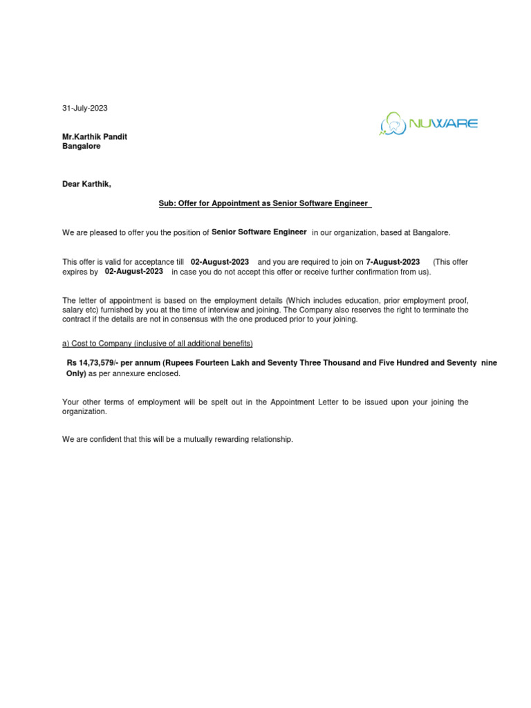 Senior Software Engineer Job Offer Details | PDF | Employment | Salary