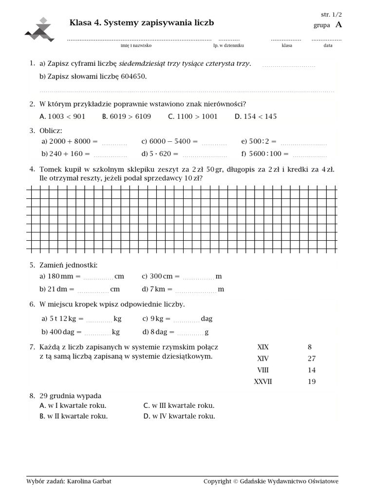 Test Gwo Klasa 4 Matematyka Klasa 4. Systemy Zapisywania Liczb | PDF