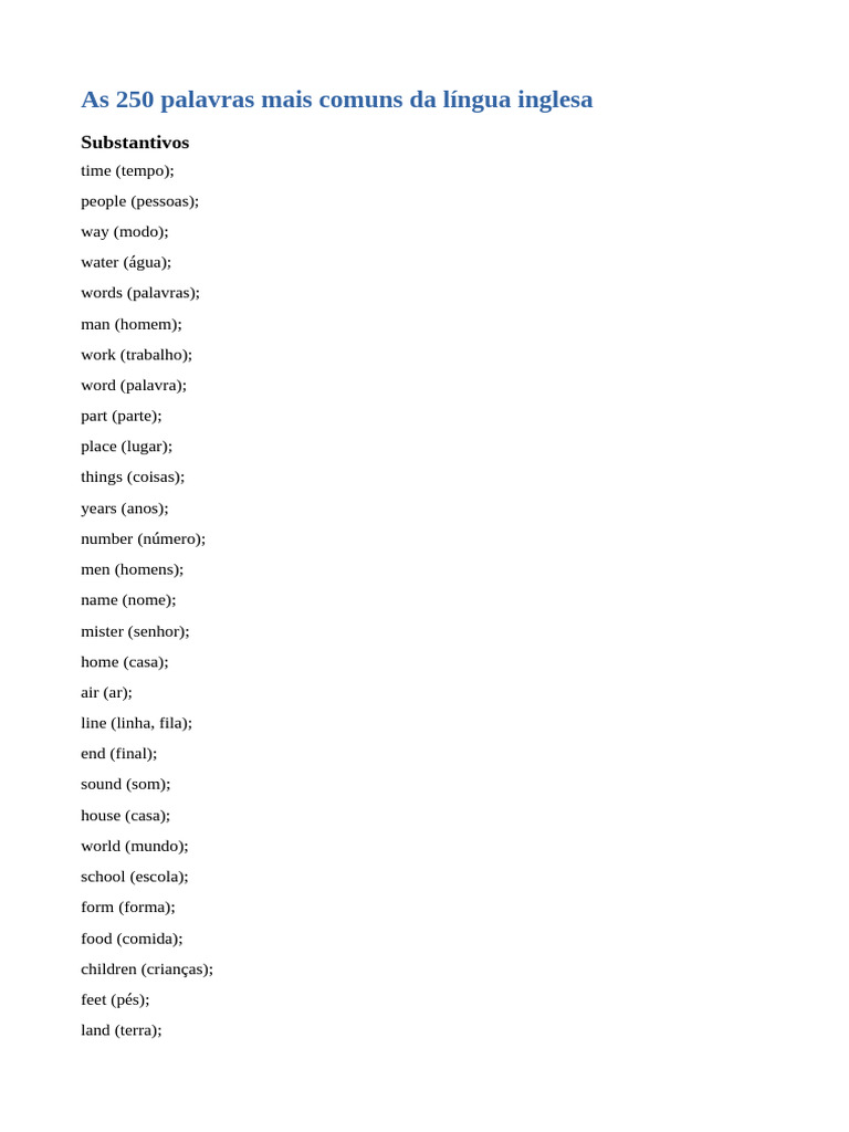 As 250 Palavras Mais Comuns Do Inglês | PDF