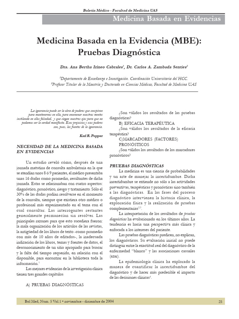 Medicina Basada en La Evidencia (MBE) : Pruebas Diagnóstica | PDF ...
