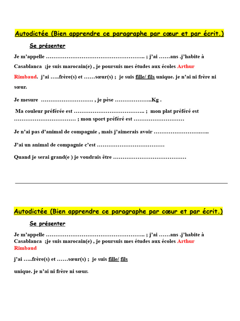 Autodictée : Se Présenter en Écrit | PDF | Maison et jardin