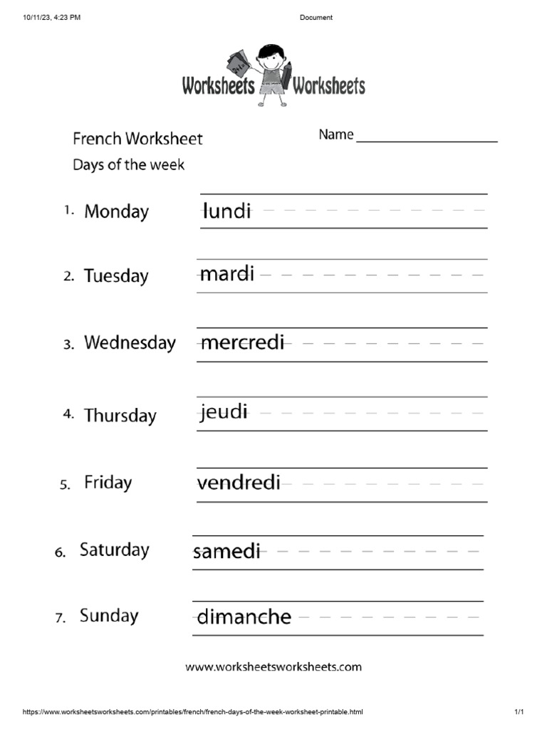 Free Printable French Days of The Week Worksheet PDF