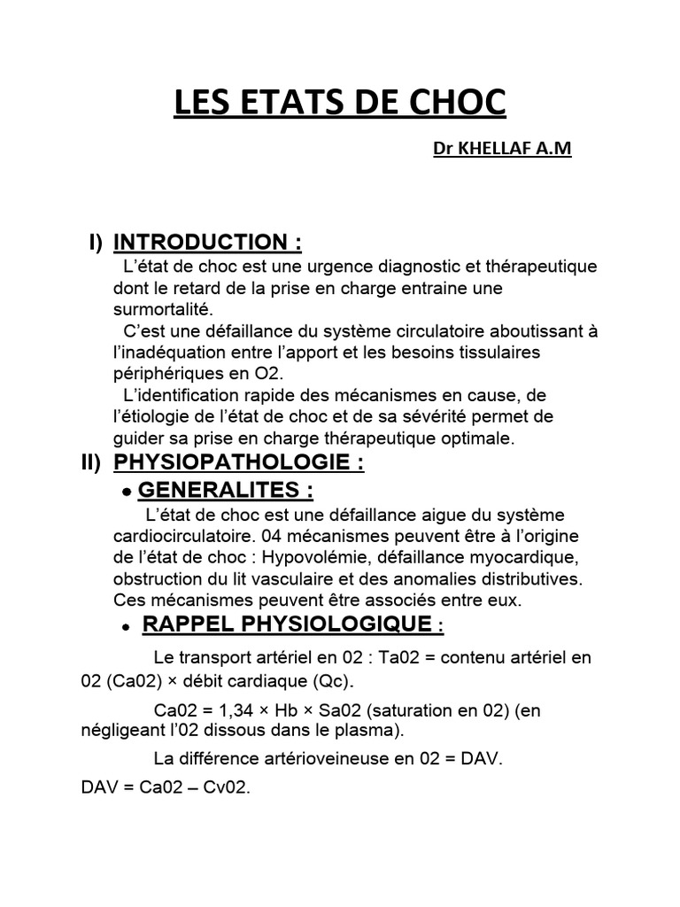 Comprendre Les tats De Choc M dicaux PDF tat De Choc Circulatoire 