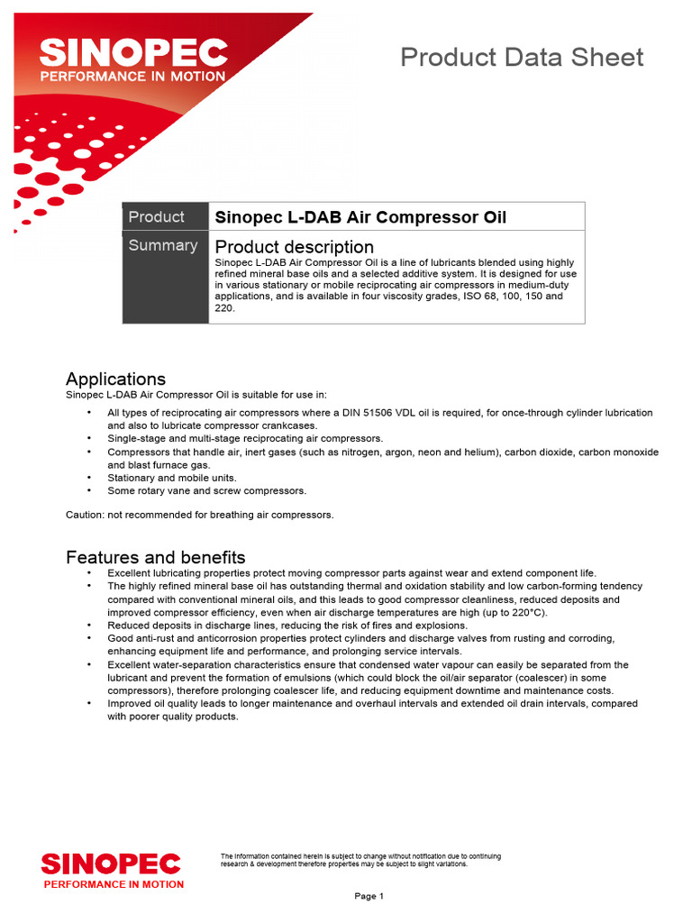 Pds Sinopec Compressor Oil Dab 1 | Download Free PDF | Industrial ...