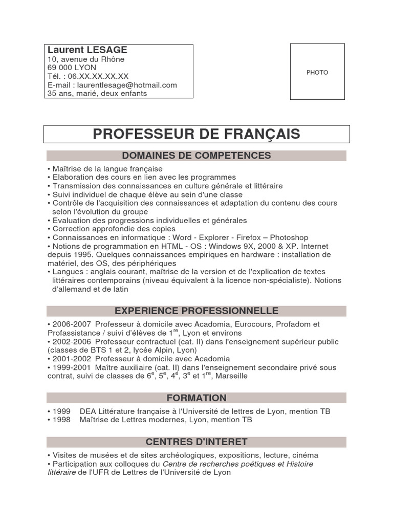 CV Professeur de Français - Laurent Lesage | PDF