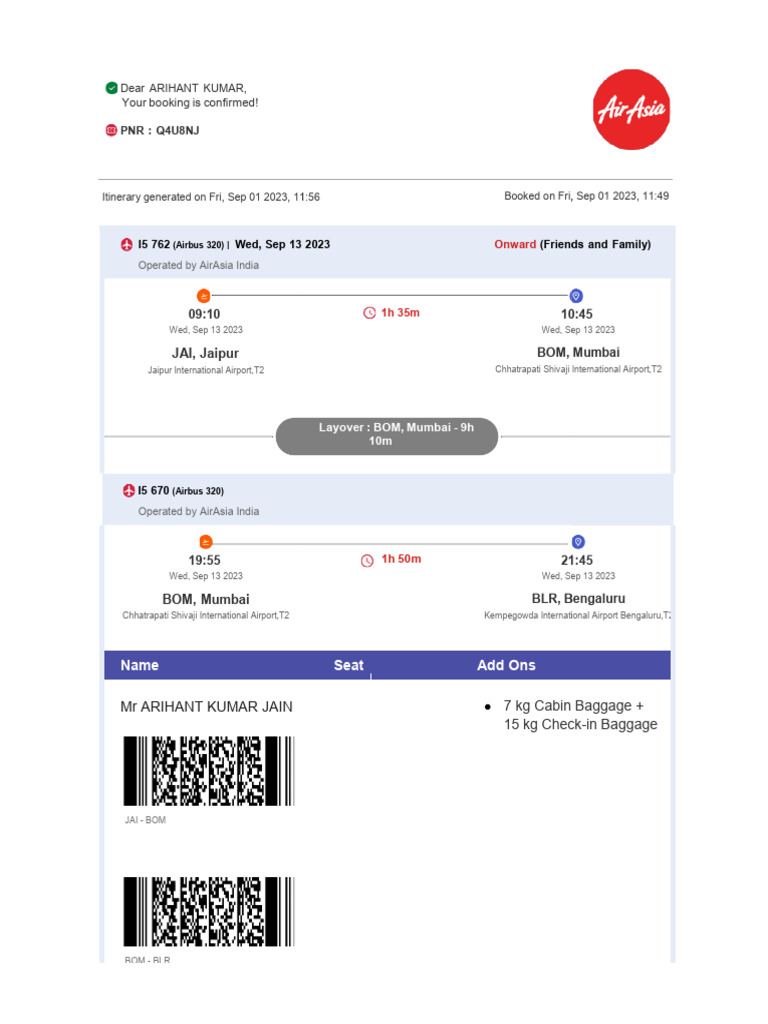 Jai-Blr Airasia Ticket | PDF | Aviation | Transport