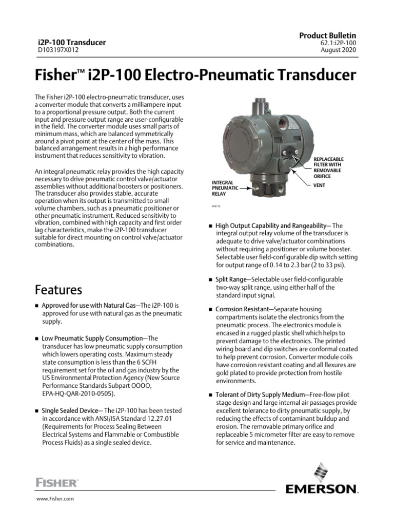 Product Bulletin Fisher I2p 100 Electro Pneumatic Transducer en 125012 ...