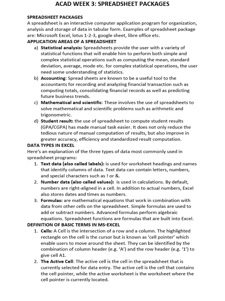 Computer Studies Ss2 Acad Week 3 Pdf Spreadsheet Microsoft Excel
