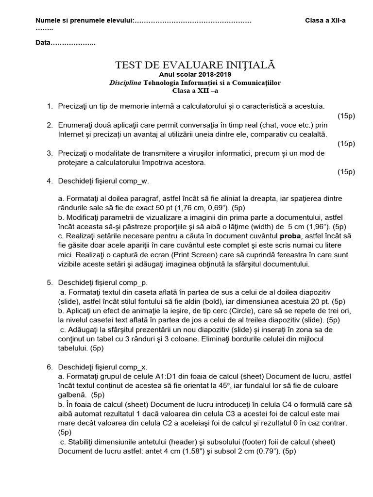 Test de Evaluare Initiala Clasa Xii - Tic | PDF