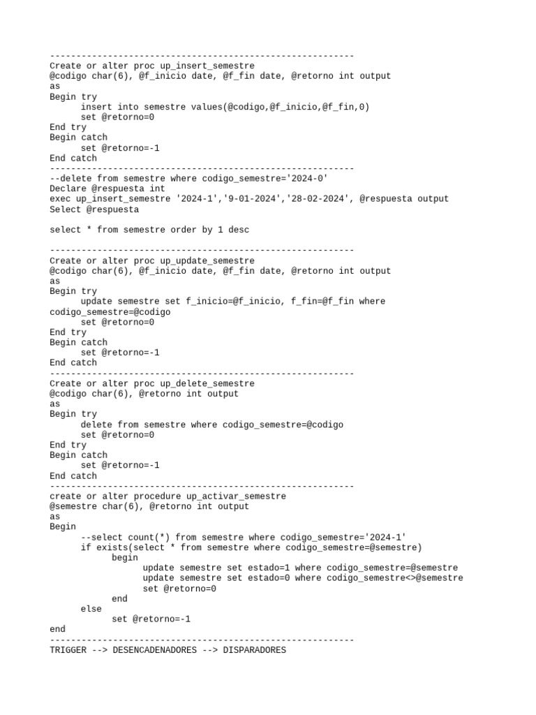 Procedimentos e Triggers para Semestres | PDF | Bancos de dados | SQL