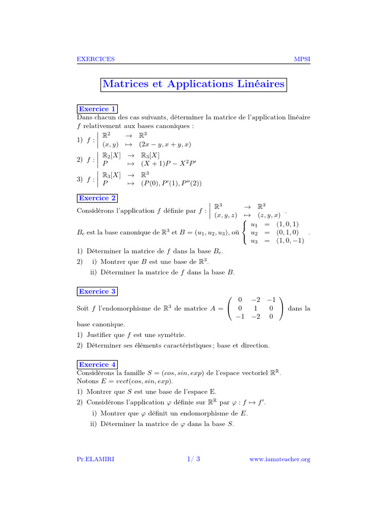 Exercices de Matrices et Applications Linéaires | PDF | Matrice ...