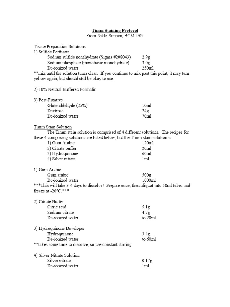 Timm Staining Protocol for Brain Tissue | PDF | Staining | Buffer Solution