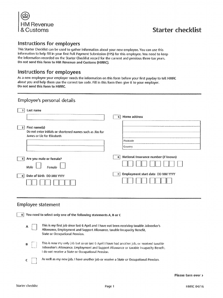 HMRC New Starter Checklist PDF