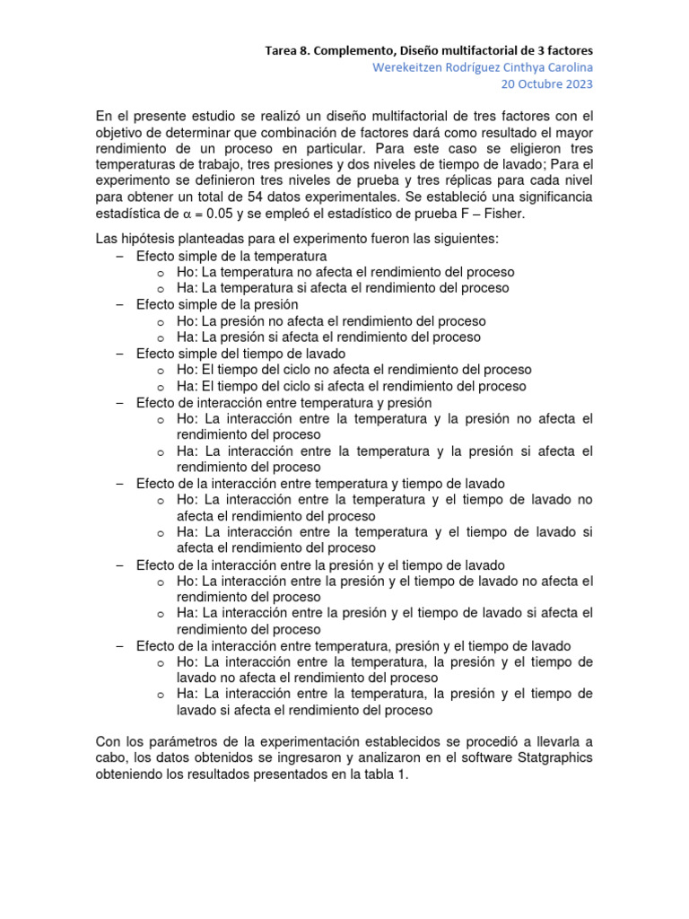 Diseño Multifactorial: 3 Factores y Rendimiento | PDF | Experimentar ...