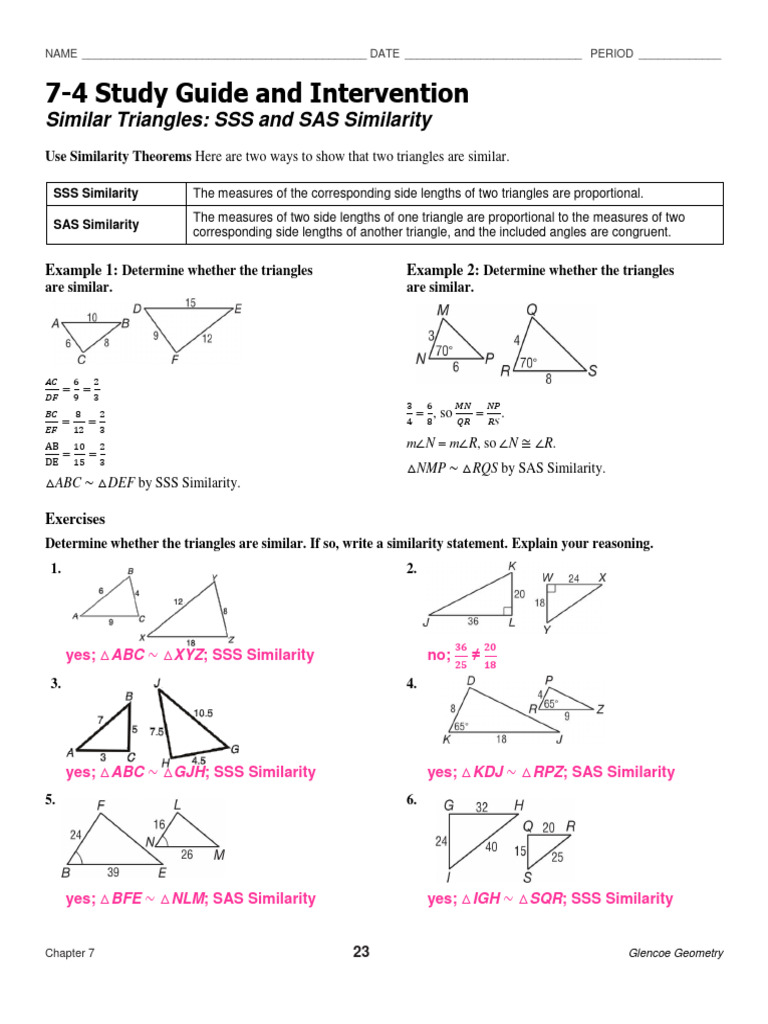 7-4 Study Guide and Intervention: Similar Triangles: SSS and SAS ...