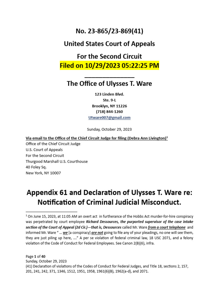 10 29 23 Re Cover LTR To Appx 61 Re Circuit Judges Robert D Sack and