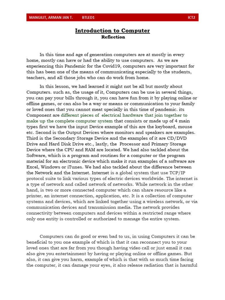 MANGILIT IntroductiontoComputer REFLECTION | PDF | Computer Network ...