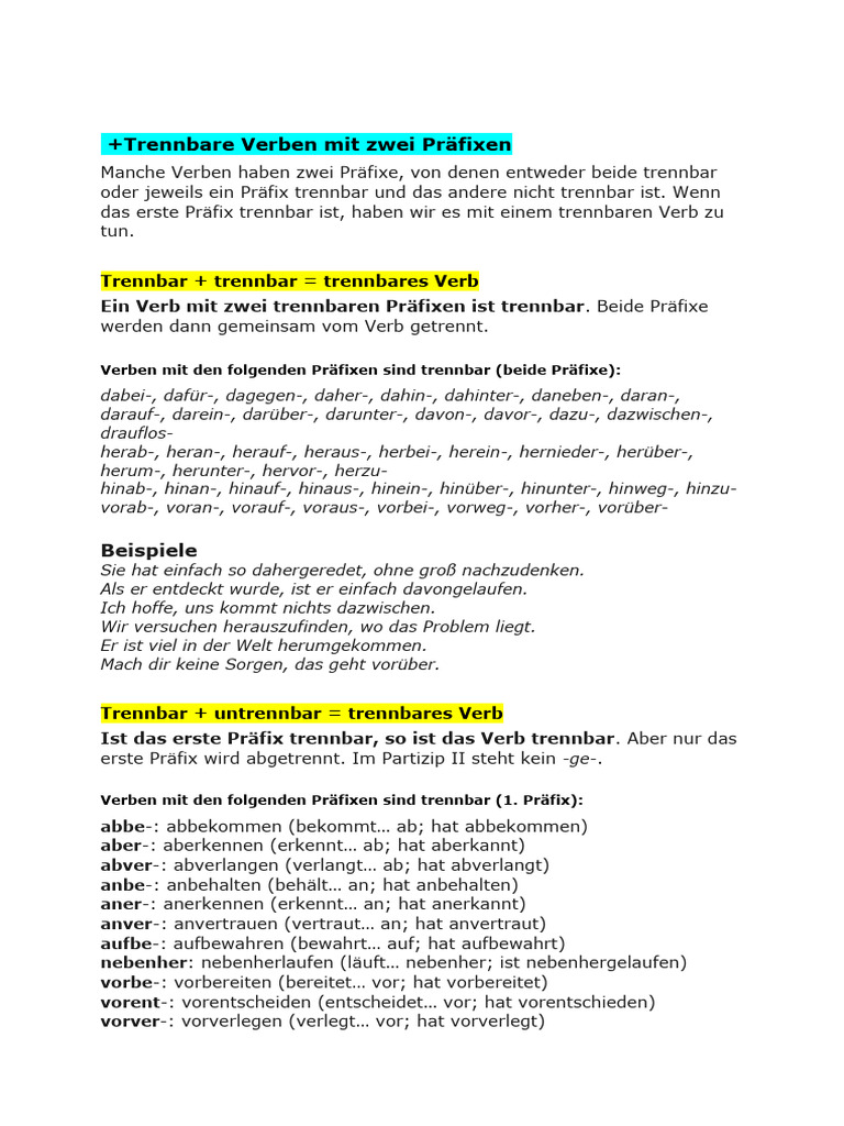 Beispiele - Verben Mit Zwei Präfixen UND Ternnbare UND Untrennbare ...