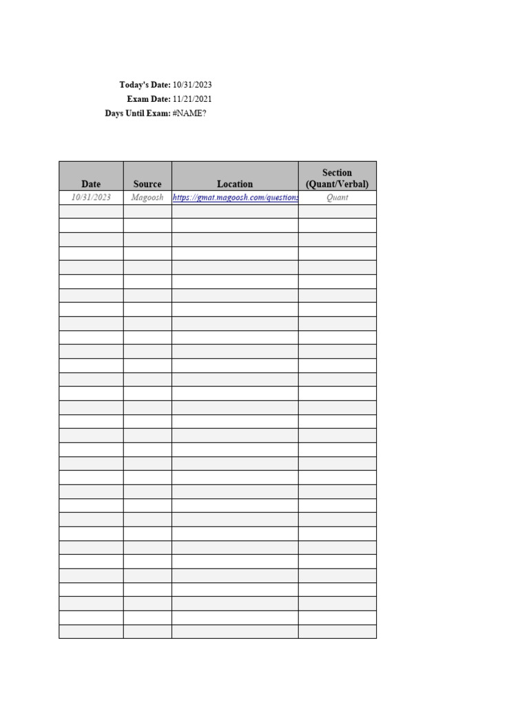 GMAT Error Log Template | PDF