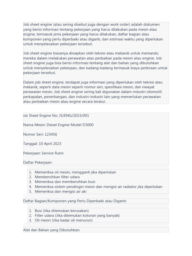 Contoh Job Sheet Engine Diesel D3000 | PDF | Teknologi & Rekayasa