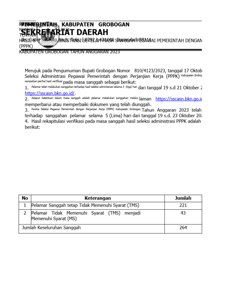 Pengumuman sanggah setelah seleksi adm p3k 2023 pdf