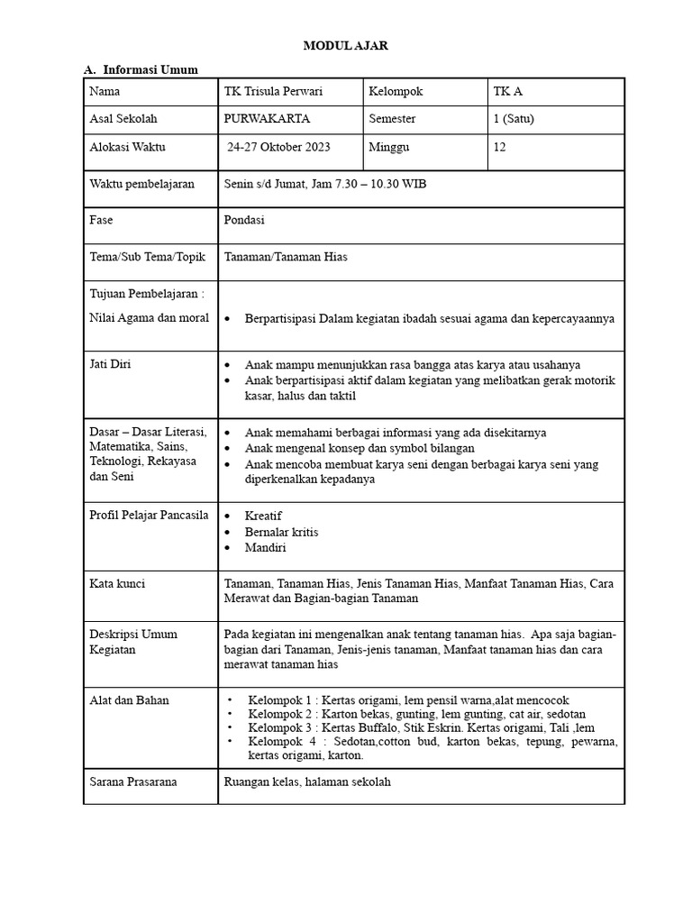Asesmen Formatif Modul Ajar Paud Tema Tanaman Tk1971 Apps