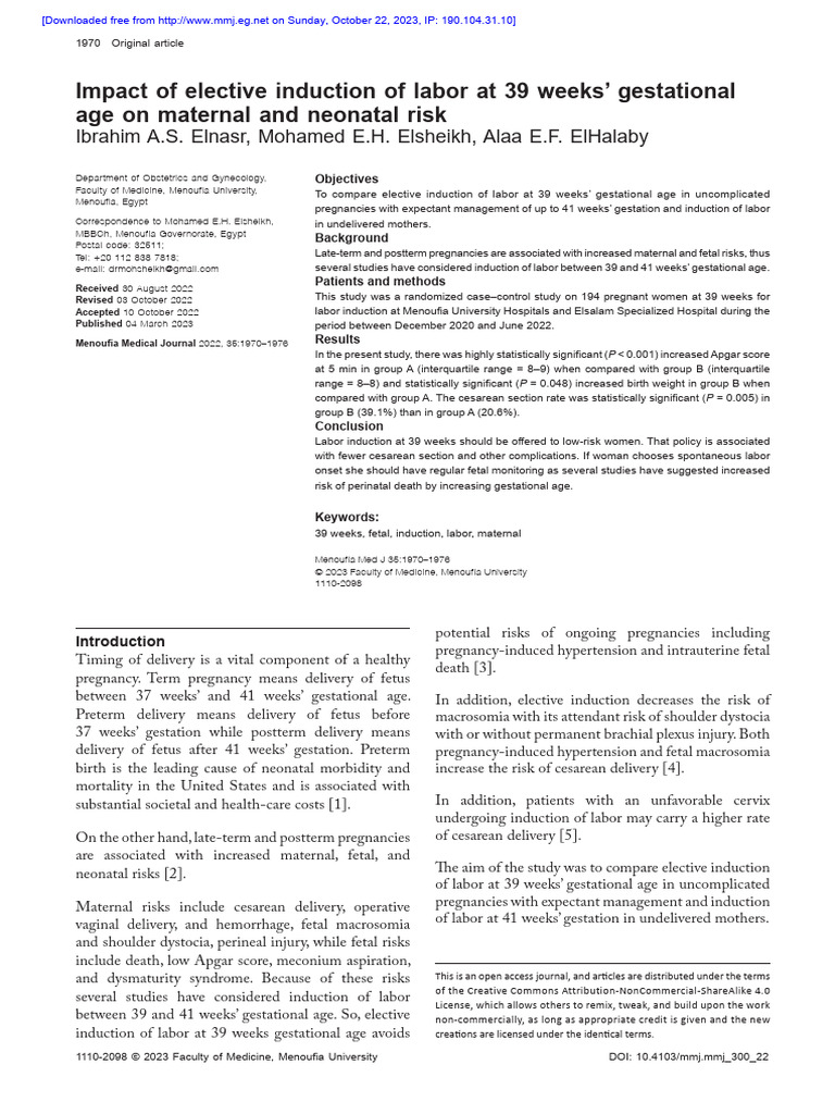 Impact of Elective Induction of Labor at 39 Weeks' Gestational Age On