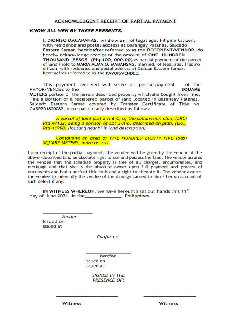 Acknowledgment Receipt of Partial Payment PDF Real Estate Natural ...