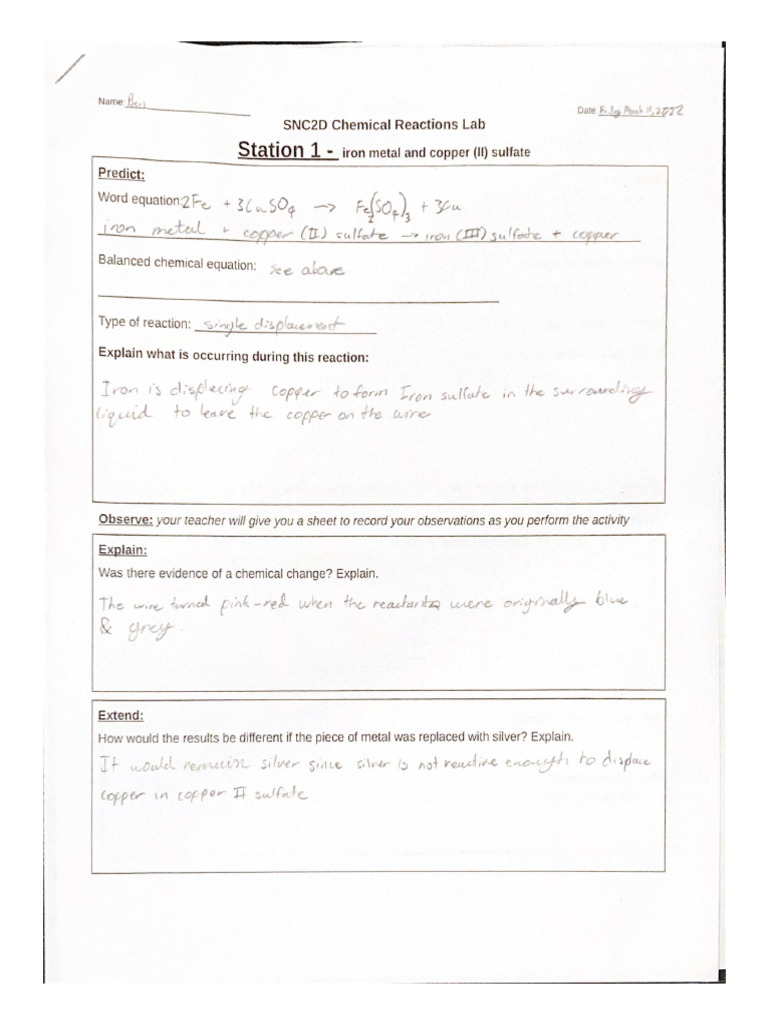 SNC2D Chemical Reactions Lab | PDF