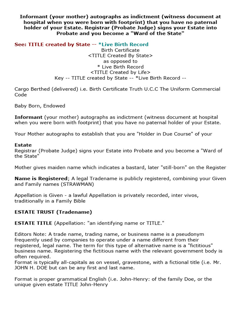 Birth Certificate (TITLE) Created by The State PDF Trust Law
