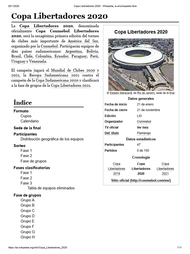 Copa Libertadores 2020 - Wikipedia, La Enciclopedia Libre | PDF