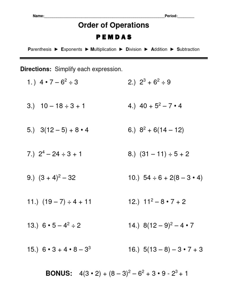 PEMDAS Worksheet PDF