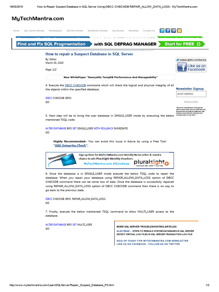 Repair Suspect Database in SQL Server - Parte 2 | PDF | Microsoft Sql ...