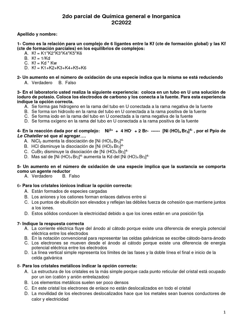 2do Parcial De Química General E Inorganica Pdf Cristal Cloro