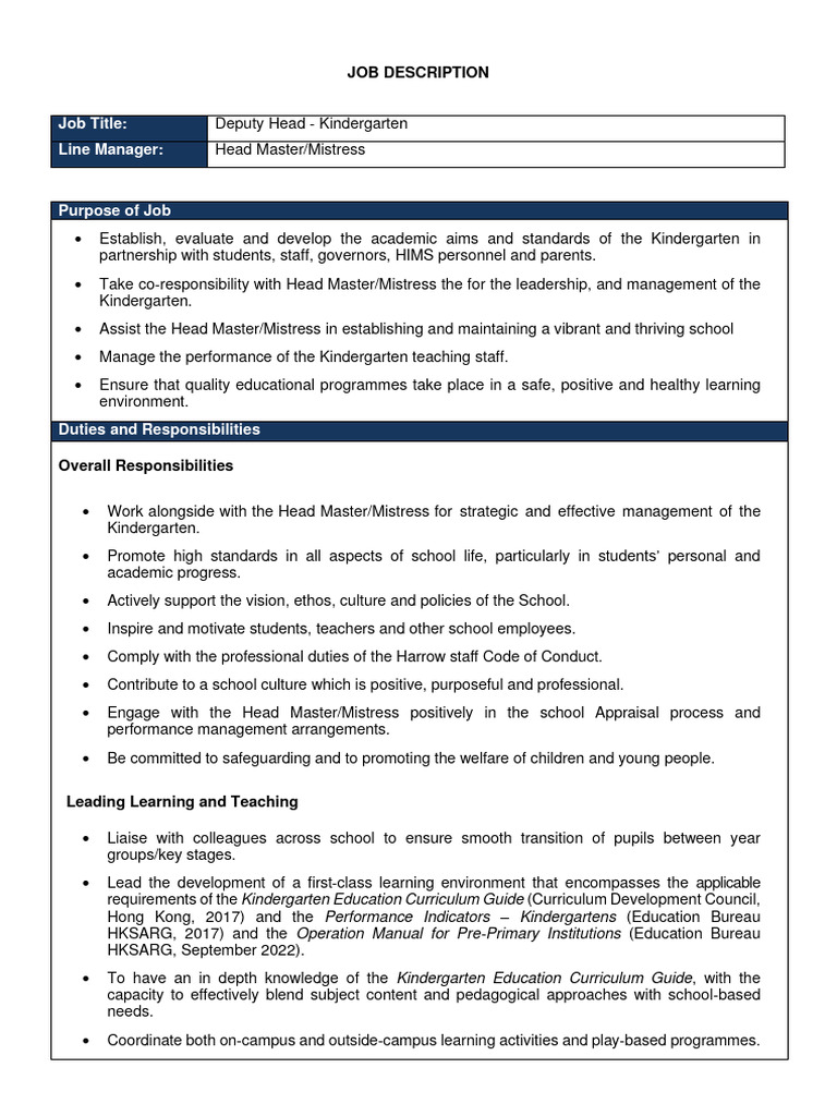 Deputy Head - Kindergarten Role | PDF | Kindergarten | Early Childhood  Education