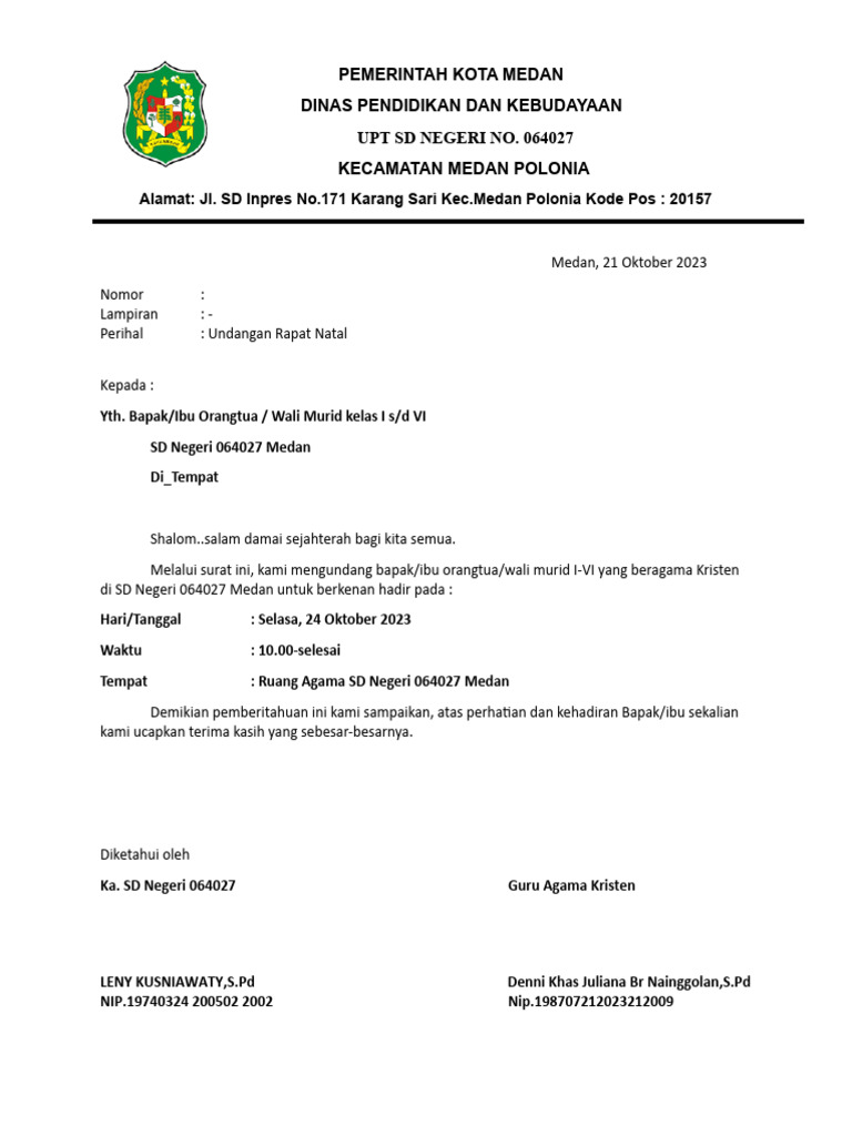 Undangan Rapat Natal SD | PDF