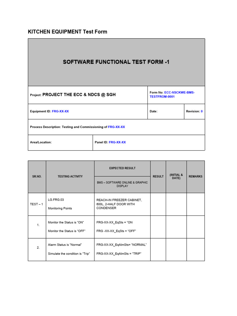 Kitchen Equipment Testing Form | PDF | Refrigerator | Equipment