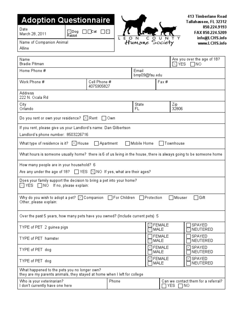 Adoption Questionnaire PDF Neutering Pet