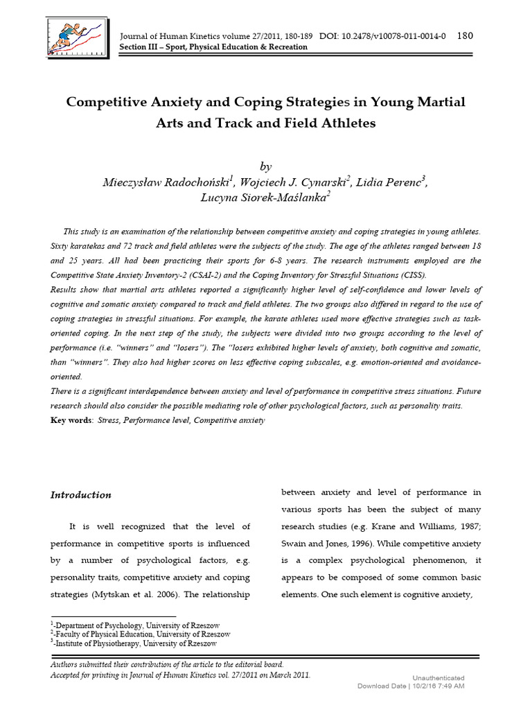 Competitive Anxiety and Coping Strategies in Young Martial Arts and Track and Field Athletes