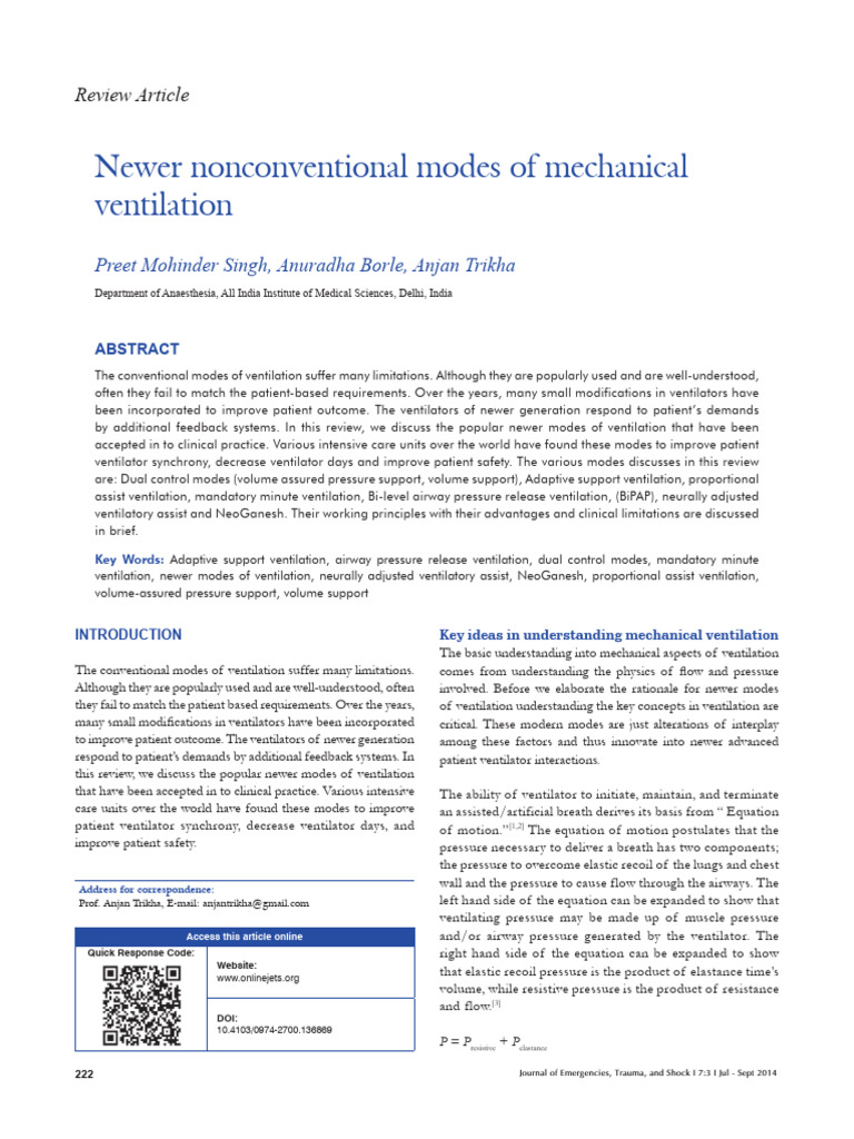 Newer Modes of Mechanical Ventilation | PDF | Therapy | Medicine