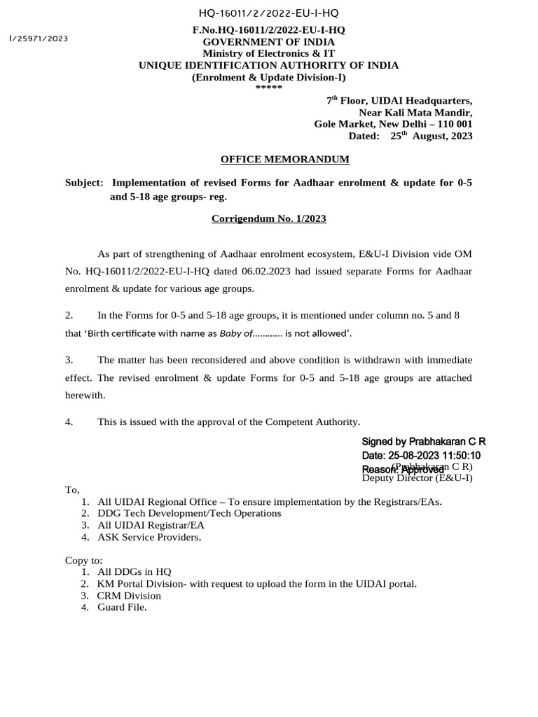OMdated Implementationofrevised Formsfor Aadhaarenrolmentupdate | PDF ...