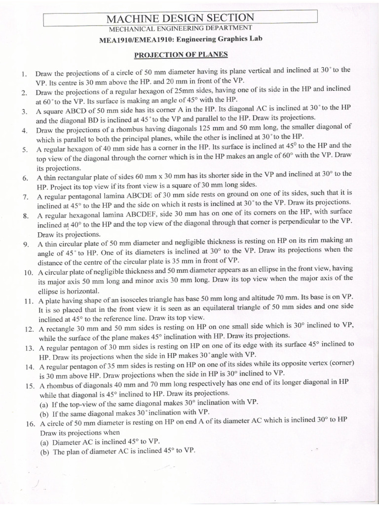 Projection of Planes Problems PDF