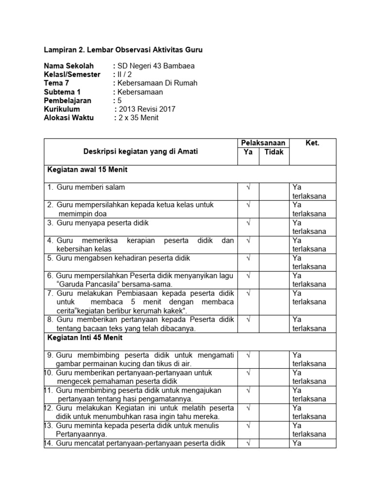 Lembar Observasi Guru Tyara PDF